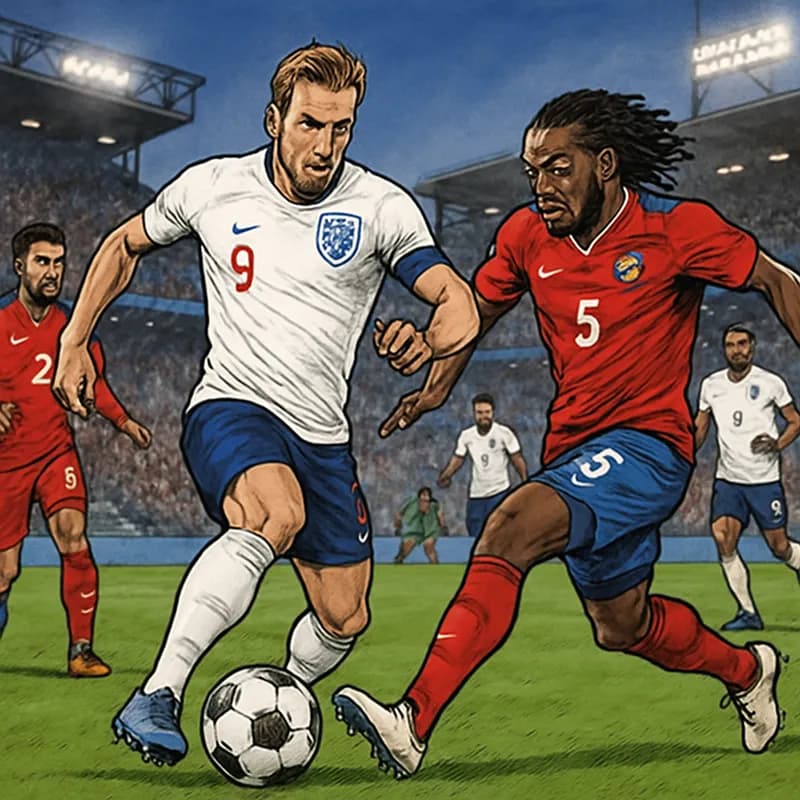 A vibrant scene depicting an intense soccer match at a packed stadium, with England players in their traditional white jerseys with red accents, and Panama in their red and blue kits. The atmosphere i