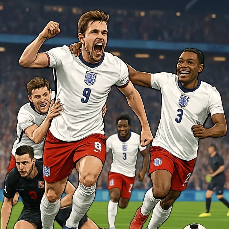 A vibrant stadium scene with England players in their traditional white jerseys and red shorts celebrating a goal against Croatia, with fans cheering in the background. The pitch is lush green, and th