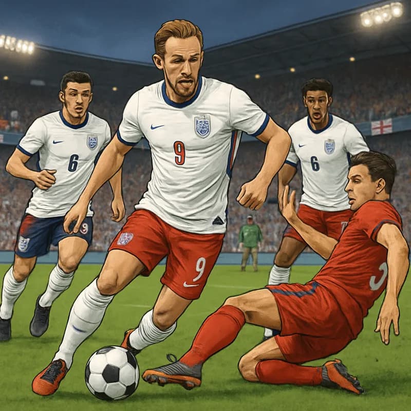 A vibrant scene at a soccer stadium during an England match, with players wearing the traditional white and red England kits. The atmosphere is electric, with fans waving flags and cheering as the tea