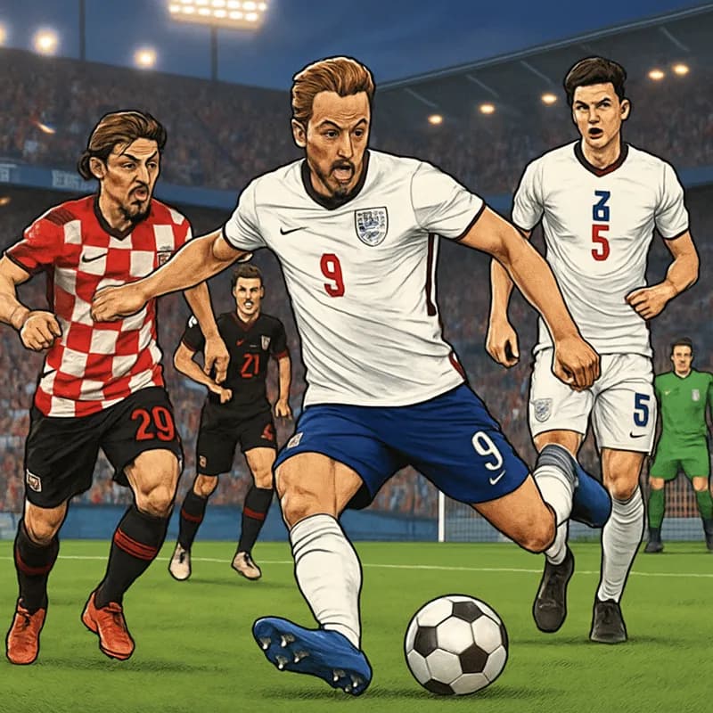 A vibrant stadium scene during the England vs. Croatia match, featuring England players in their classic white kits with red accents. The crowd is energetic, waving flags and cheering, while the green