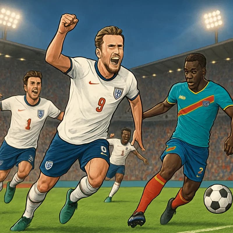 A vibrant scene from the World Cup match between England and DR Congo, featuring England players in their traditional white jerseys with red accents, celebrating a goal. The stadium is packed, with fa