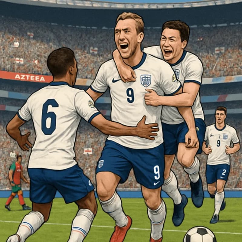 A vibrant scene at the Azteca Stadium, with England players in their classic white jerseys and blue shorts celebrating a goal. The stadium is packed with passionate fans, waving flags and banners, cre