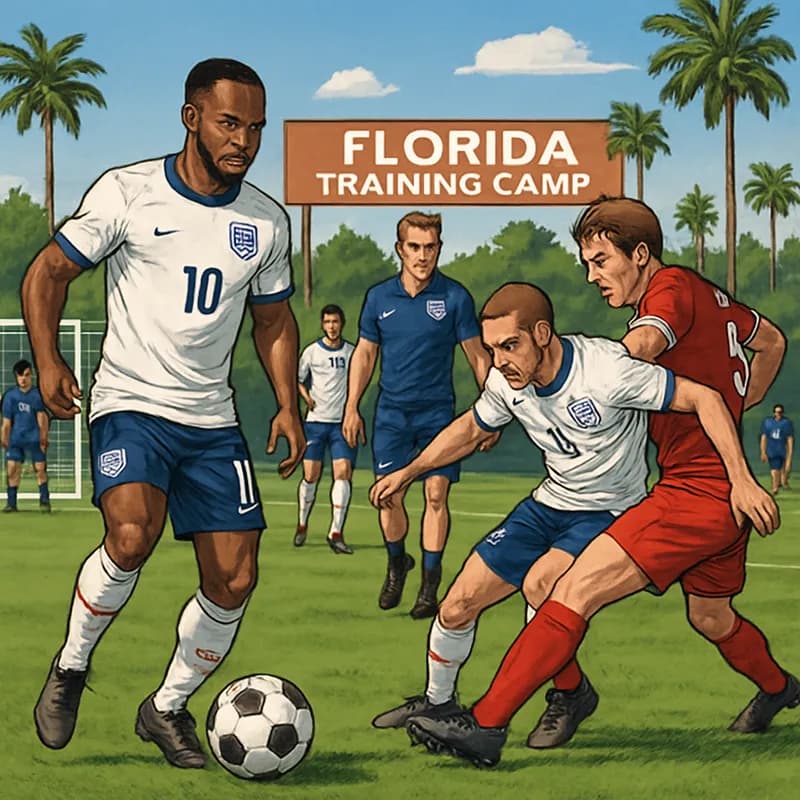 A vibrant scene from a soccer training camp in Florida, featuring England players in their traditional white and red kits, practicing on a lush green pitch under sunny skies. The atmosphere is energet