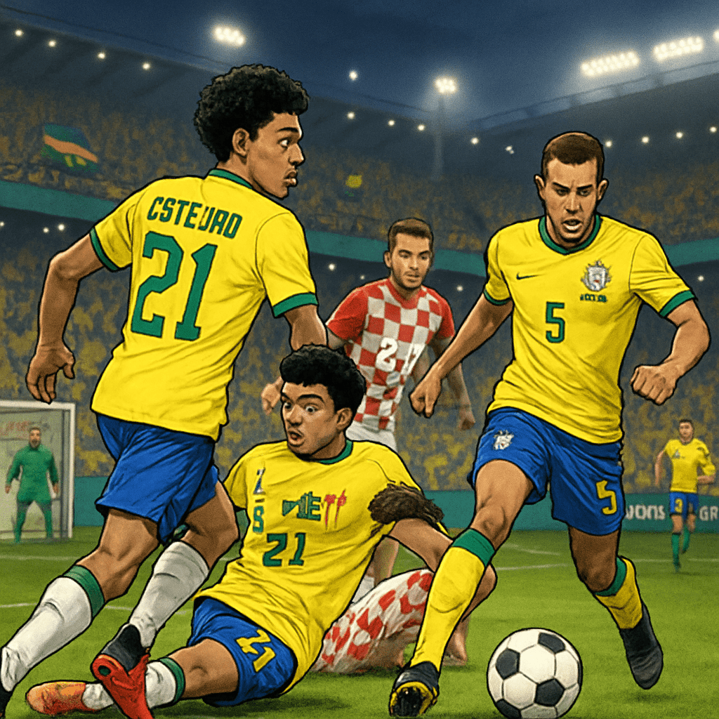 A vibrant scene at a stadium during the World Cup, showcasing Brazil's iconic yellow and green jersey. Fans are cheering, waving flags, and the atmosphere is electric with excitement for Estevao Willi