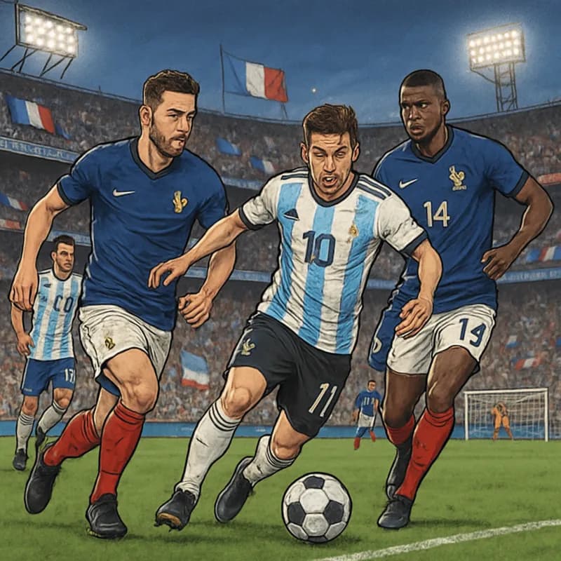 A vibrant stadium filled with fans in national team colors, showcasing flags and banners. Players in blue and white jerseys are warming up on the green pitch, with a soccer ball in sight, capturing th