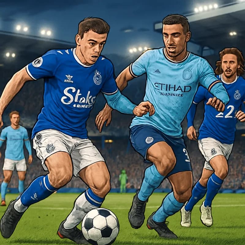 A vibrant scene at Hill Dickinson Stadium during the Everton vs Manchester City match, showcasing Everton in their blue jerseys and Manchester City in their sky blue kits. The atmosphere is electric w