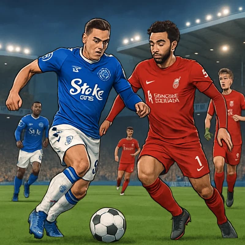 A vibrant scene at Goodison Park during the Merseyside Derby, with Everton players in blue kits and Liverpool players in red jerseys. Fans are cheering passionately, creating an electric atmosphere as