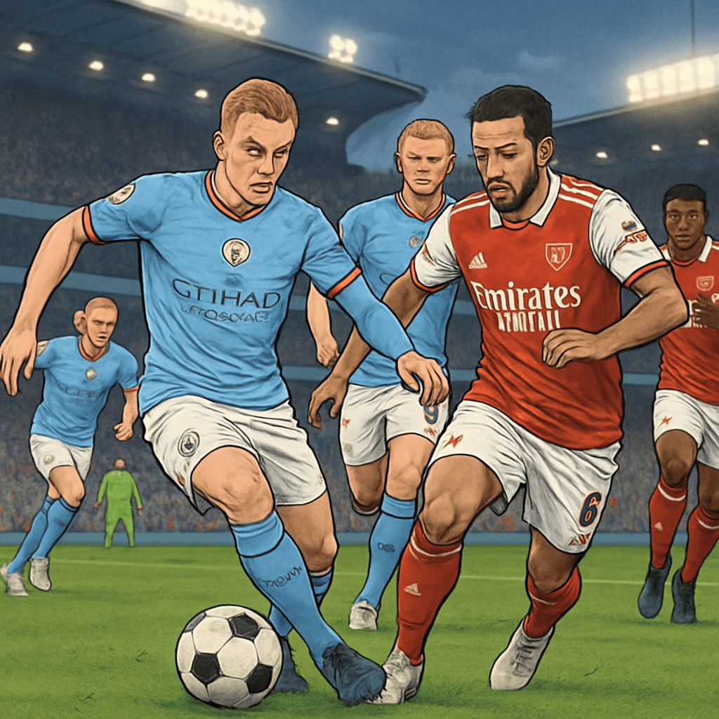A vibrant stadium scene showcasing players in their club kits, with Manchester City in sky blue and Arsenal in red, as fans cheer passionately in the stands.