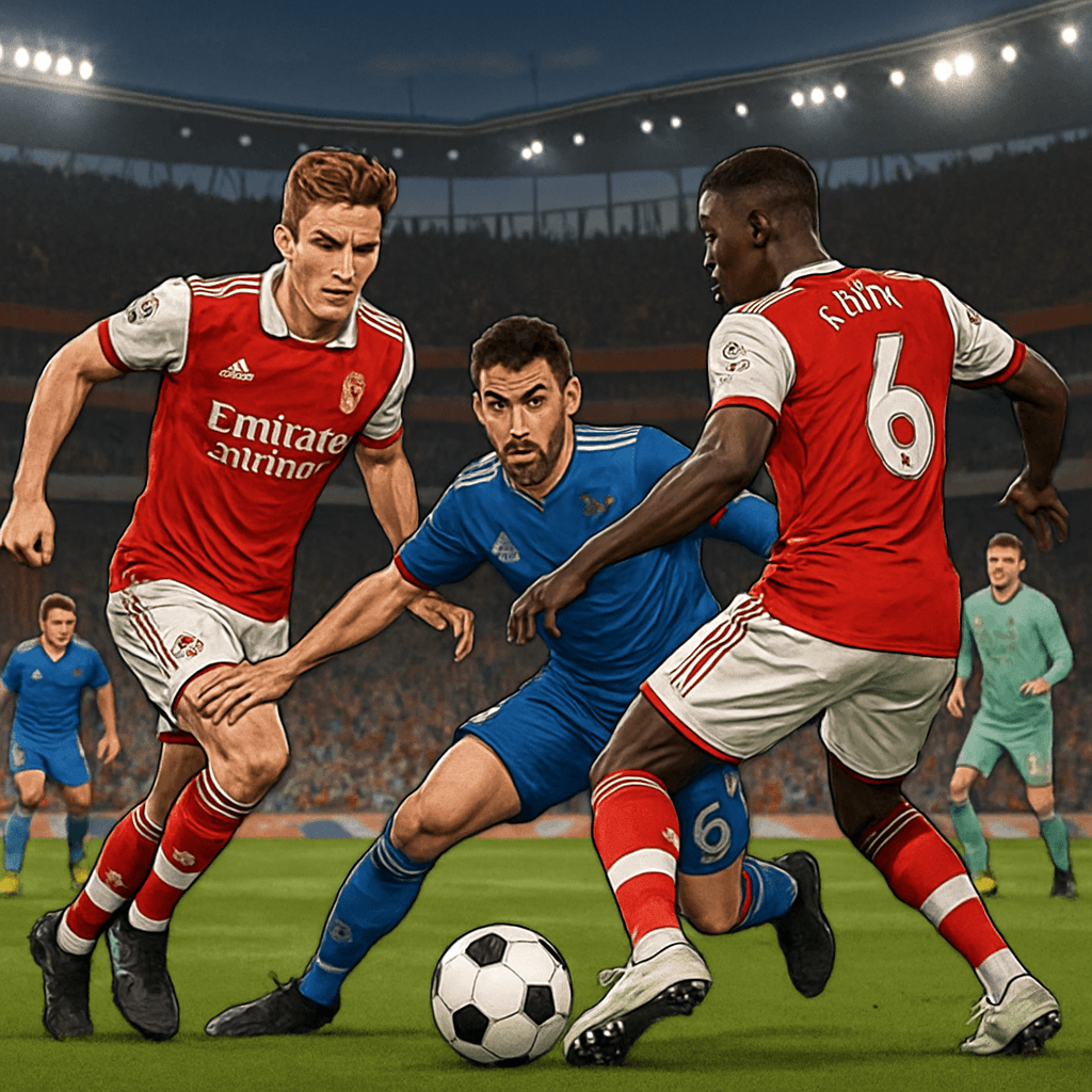 A vibrant scene at a packed stadium during a football match, with fans wearing the red and white kit of Arsenal, cheering passionately. The green pitch is alive with action as players compete for the 