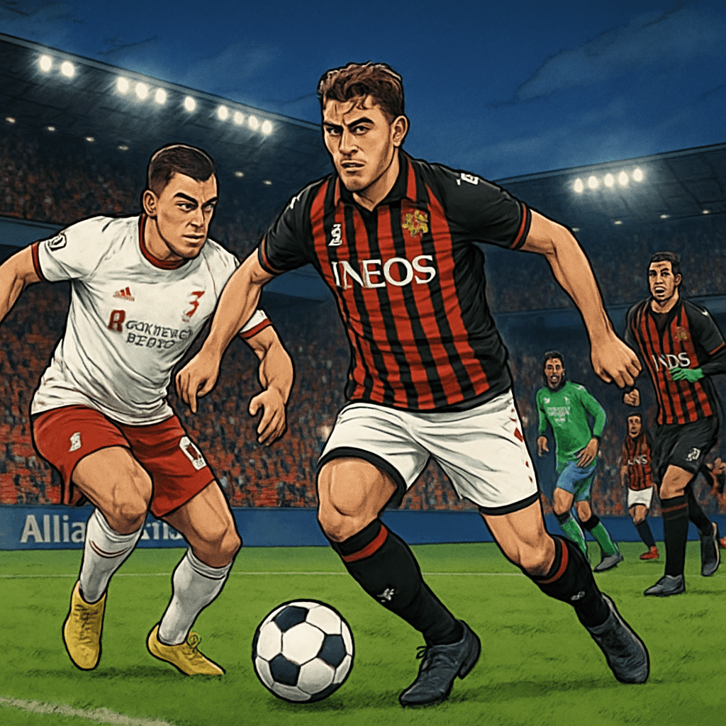 A vibrant scene at a packed Allianz Riviera during a match, with fans in red and black jerseys cheering passionately. The atmosphere is electric as players warm up on the green pitch, ready to showcas