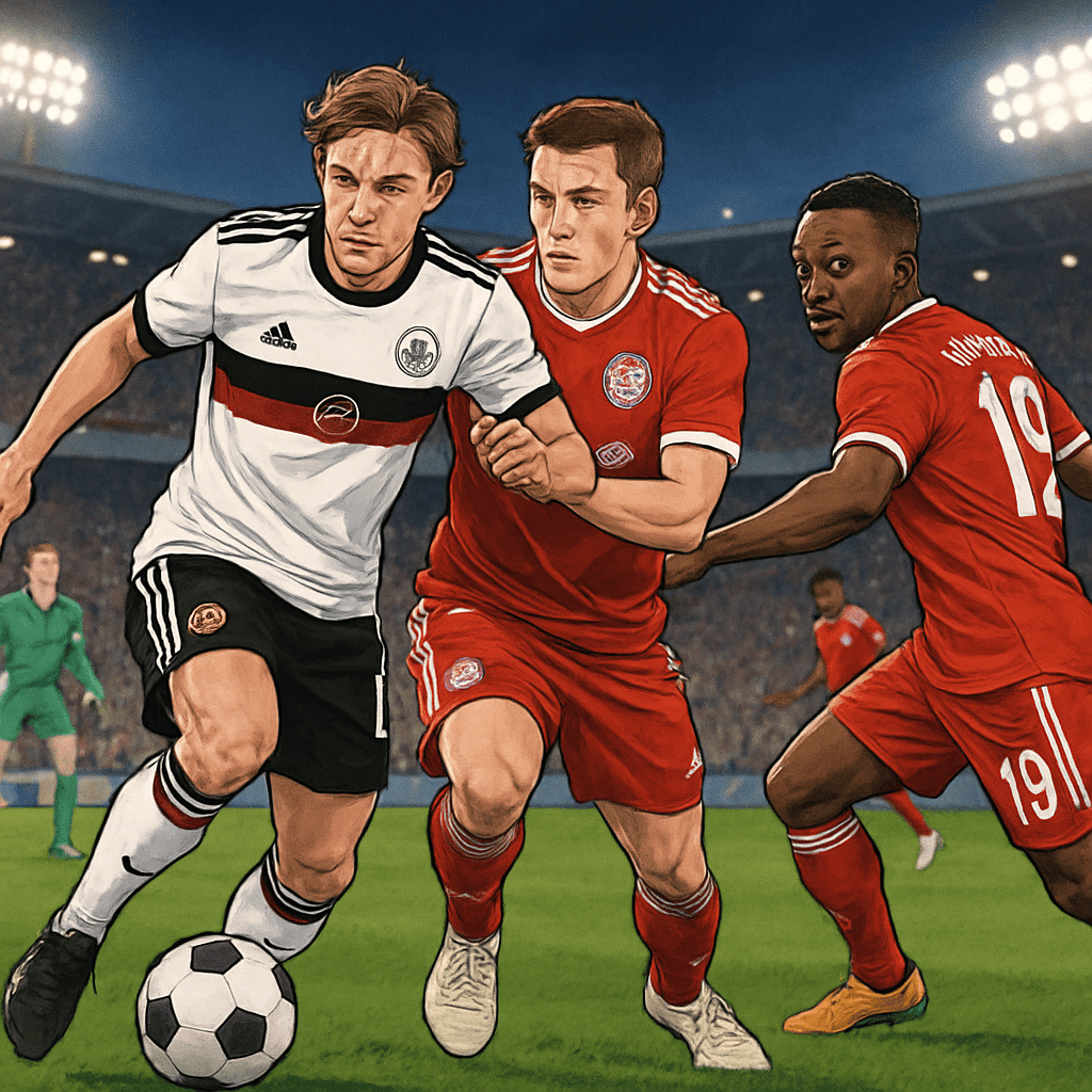 A vibrant scene at a football stadium showcasing the new Germany home kit, featuring white with black and red accents, alongside Bayern Munich's retro kit in red and white. The crowd is cheering, with
