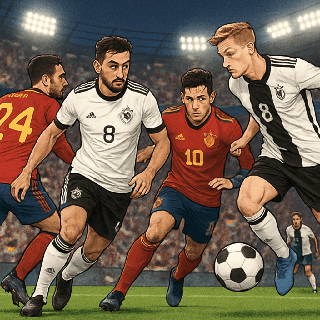 A vibrant scene at a packed stadium showcasing fans wearing Germany's white jersey with black and red accents, and Spain's deep red kit with navy sleeves. The atmosphere is electric, with banners wavi