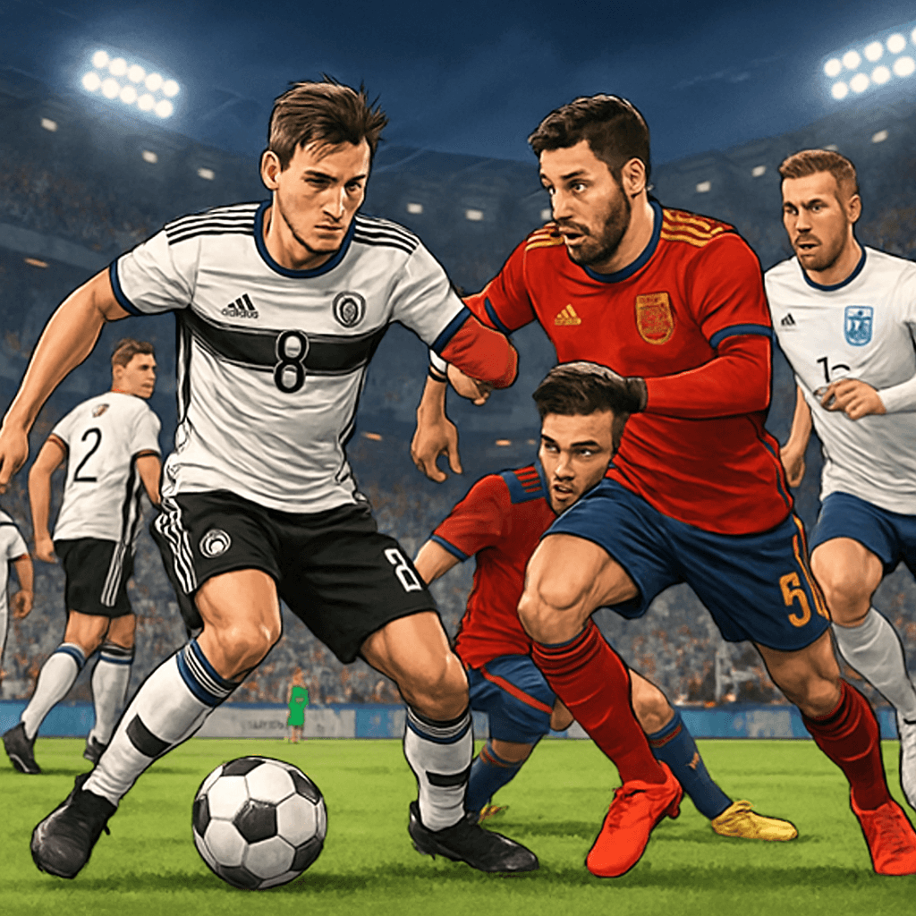 A vibrant soccer scene featuring players in Germany's white kit with black and red accents, Spain's deep red kit with navy sleeves, and England's traditional colors. The atmosphere is electric, with f