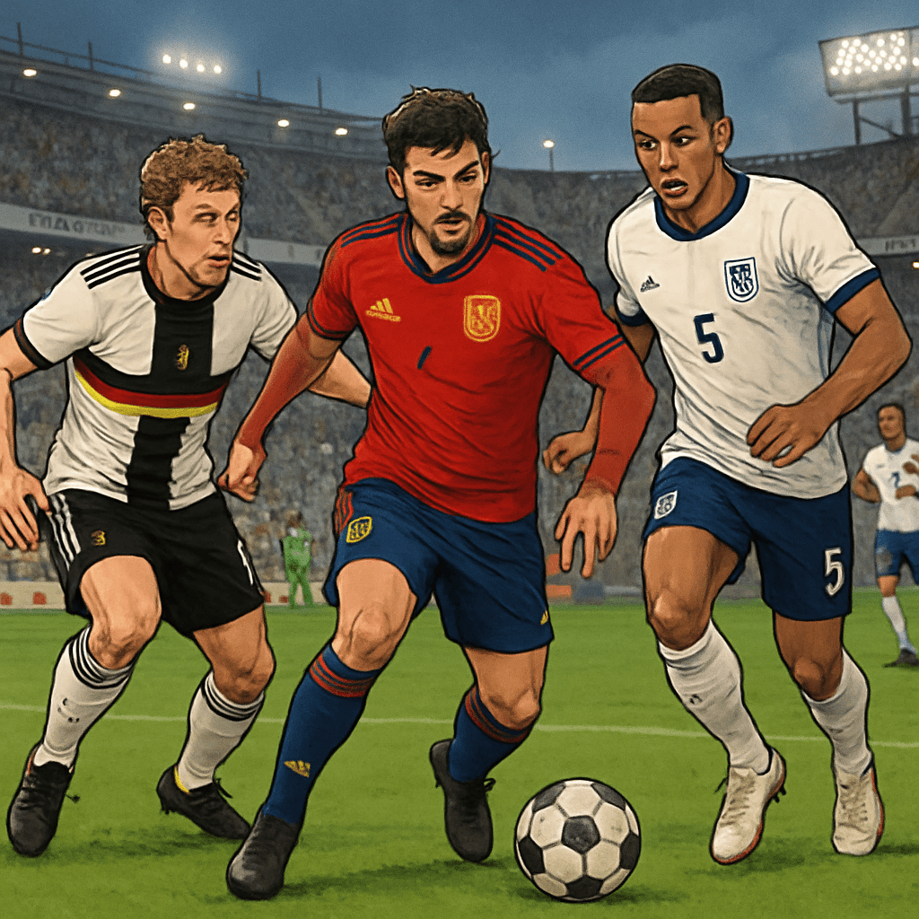 An electric stadium atmosphere with fans wearing Germany's white 2026 World Cup kit featuring black and red accents, Spain's deep red kit with navy sleeves, and England's new home kit. The scene captu