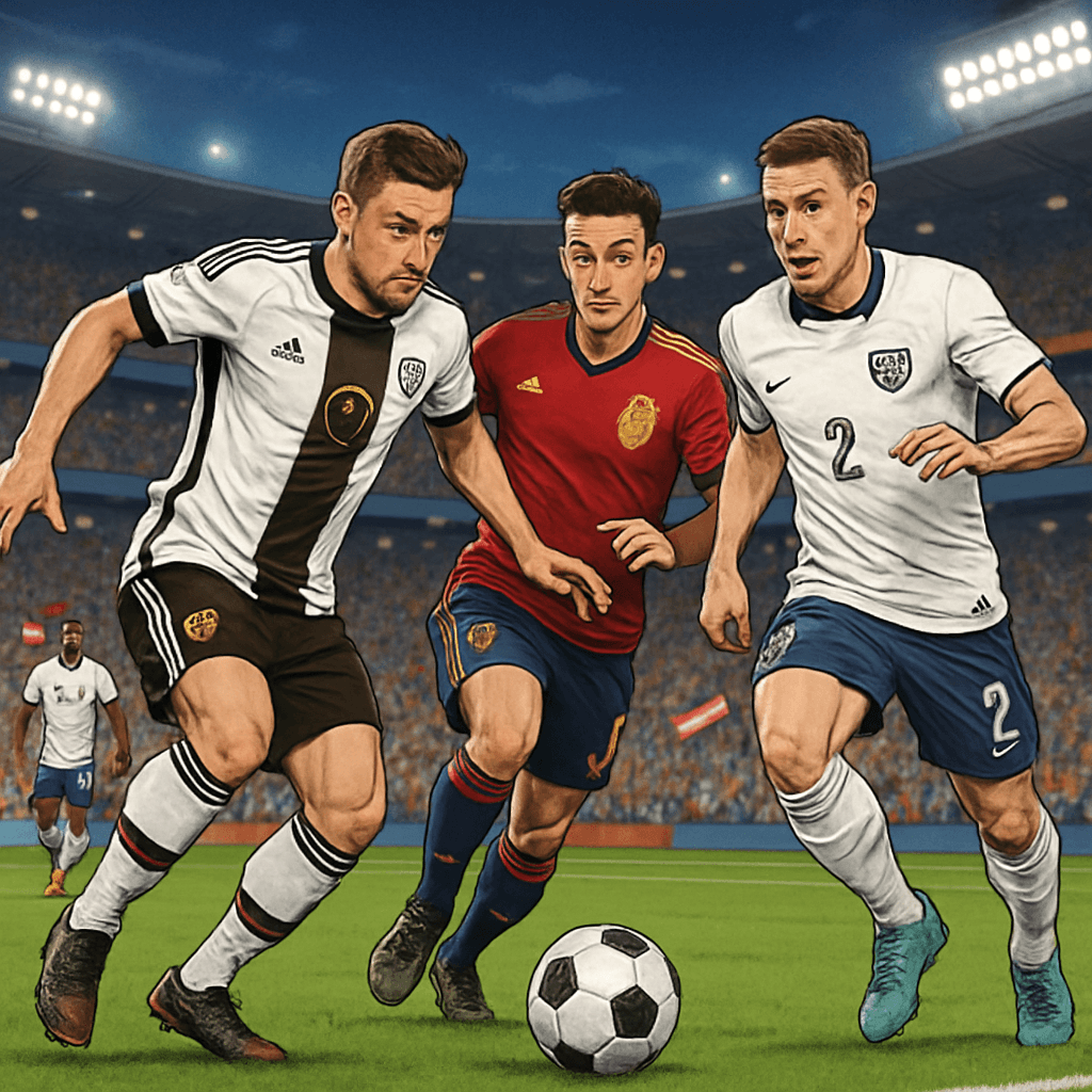 A vibrant scene showcasing players in the new home kits of Germany, Spain, and England. Germany in a white jersey with black and red accents, Spain in a deep red shirt with navy sleeves, and England i