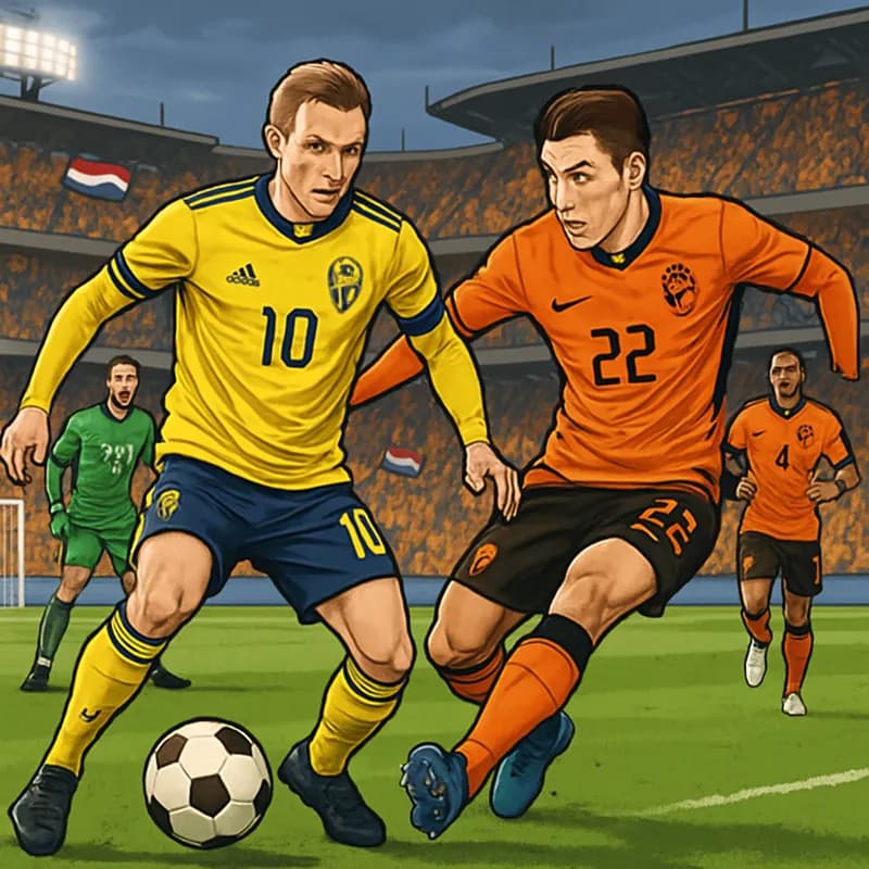 A vibrant scene at Houston Stadium filled with fans in orange and yellow jerseys, as the Netherlands and Sweden prepare to face off. The atmosphere is electric, with flags waving and a green pitch rea