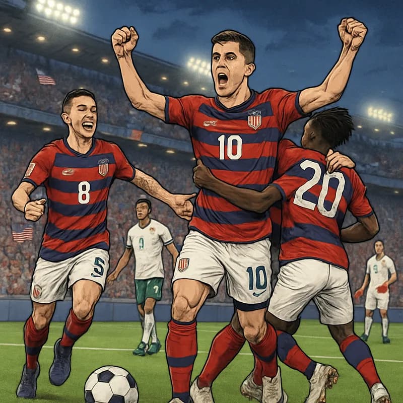 A vibrant soccer scene at a packed stadium, with US players in their red, white, and blue kits celebrating a goal. The crowd is lively, waving flags, and the atmosphere is electric as fans support the