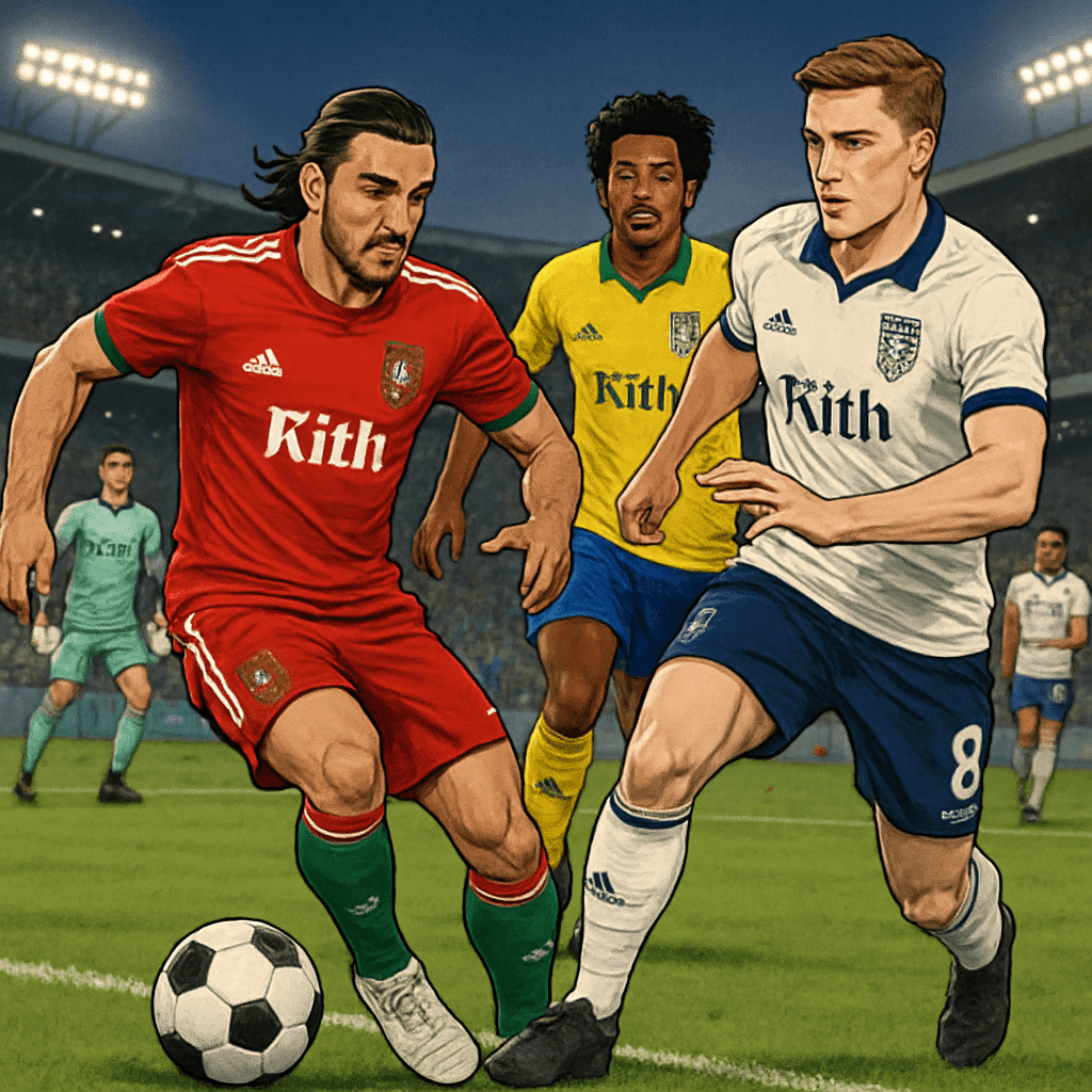 A vibrant scene at a bustling football stadium with fans wearing the latest Kith x adidas jerseys. The atmosphere is electric, with a mix of streetwear styles and classic football kits, showcasing a b