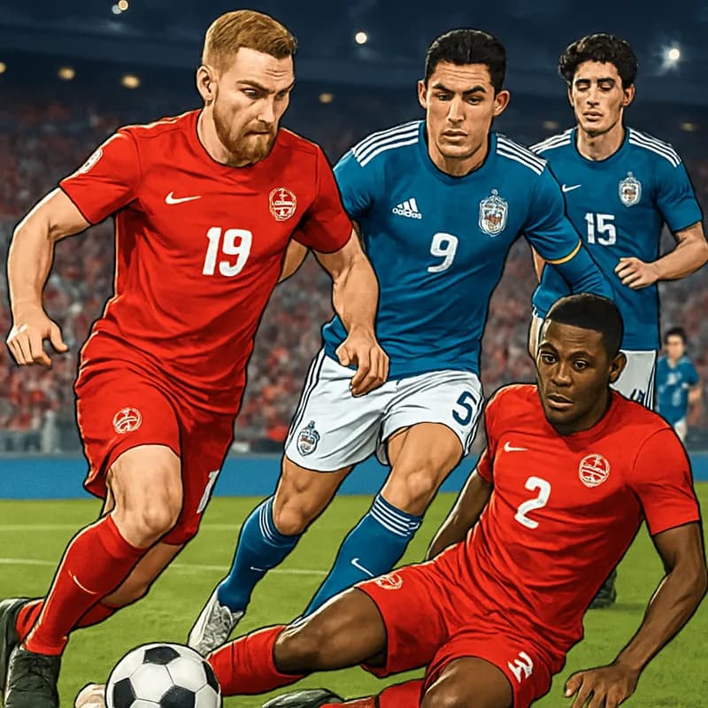 A vibrant scene from a World Cup match featuring players in their national kits, such as the red and white of Canada and the blue of Mexico, set in a packed stadium with fans waving flags and cheering