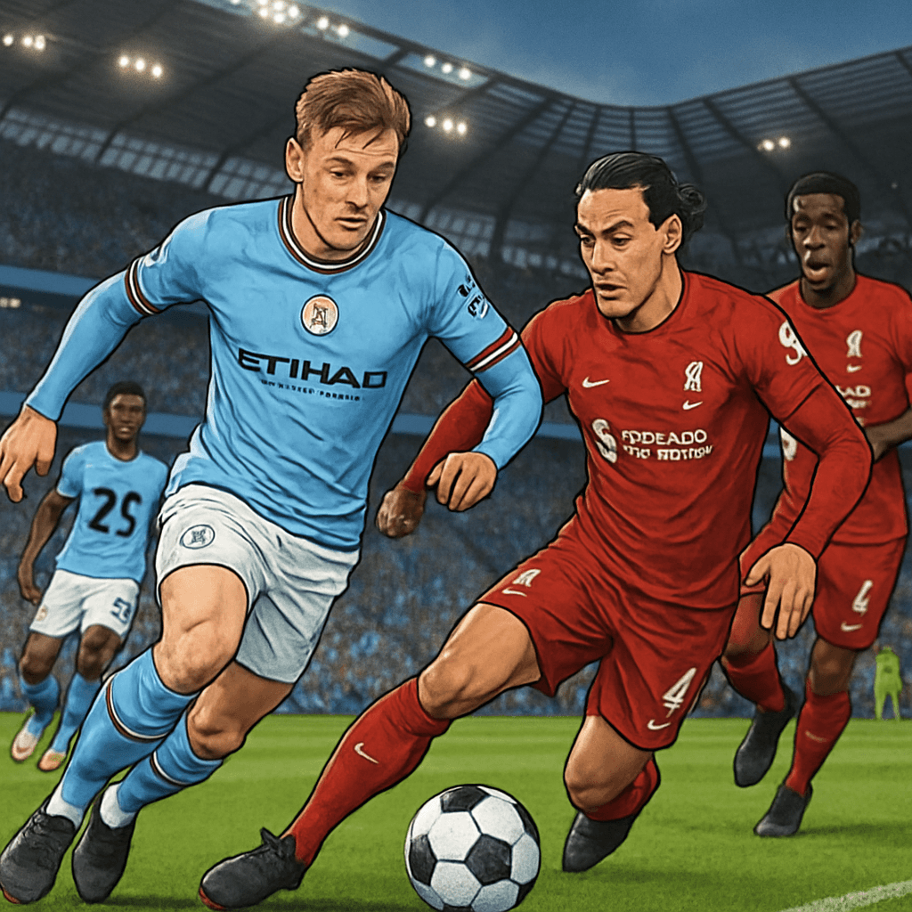 A vibrant scene at the Etihad Stadium, with Manchester City in their sky blue kits and Liverpool in their red jerseys. Fans are cheering, flags are waving, and the pitch is lush green, ready for an ex
