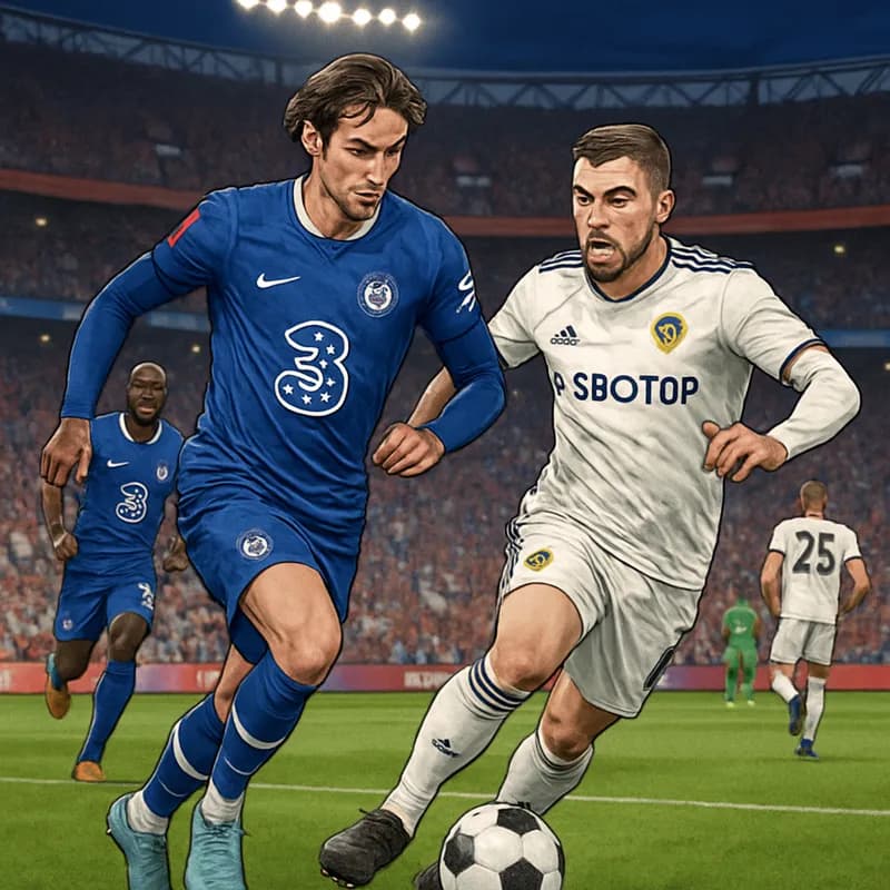 A vibrant scene at Wembley Stadium during the FA Cup semi-final, featuring Chelsea in their blue home kit and Leeds in their white away kit. The atmosphere is electric, with fans waving flags and bann