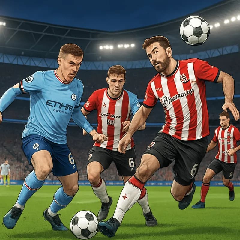 A vibrant scene at Wembley Stadium with Manchester City in their sky blue kits and Southampton in their red and white striped jerseys. The atmosphere is electric as fans cheer, and the green pitch is 