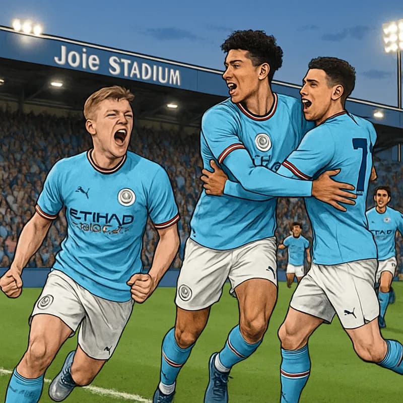 A vibrant scene at Joie Stadium during the FA Youth Cup final, with Manchester City players in their sky blue jerseys celebrating a late goal, surrounded by passionate fans in the stands, amidst a gre