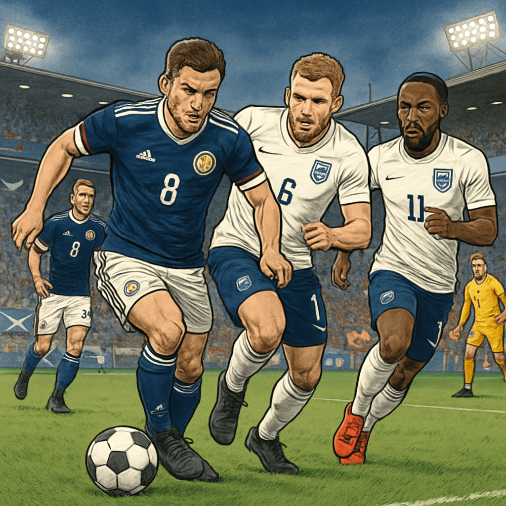 A vibrant scene at Boston Stadium, filled with excited Scotland and England fans in their national jerseys, surrounded by a lively atmosphere of colorful banners and flags, as they prepare for the Wor