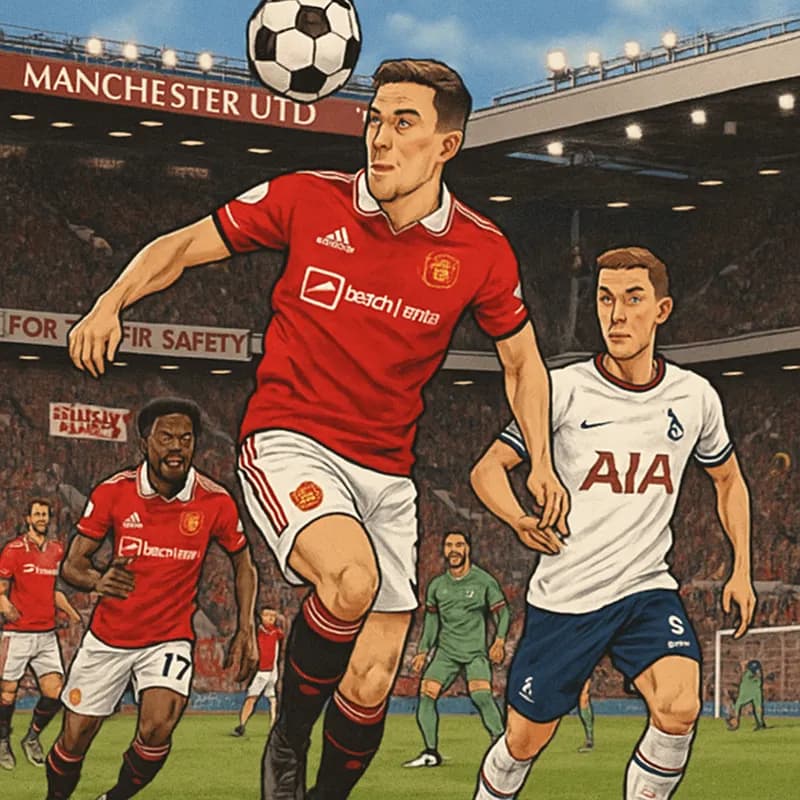 A scene depicting a vibrant football match at Old Trafford, Manchester United's home ground. Players in red and white kits are seen heading the ball, while fans in the stands display banners advocatin