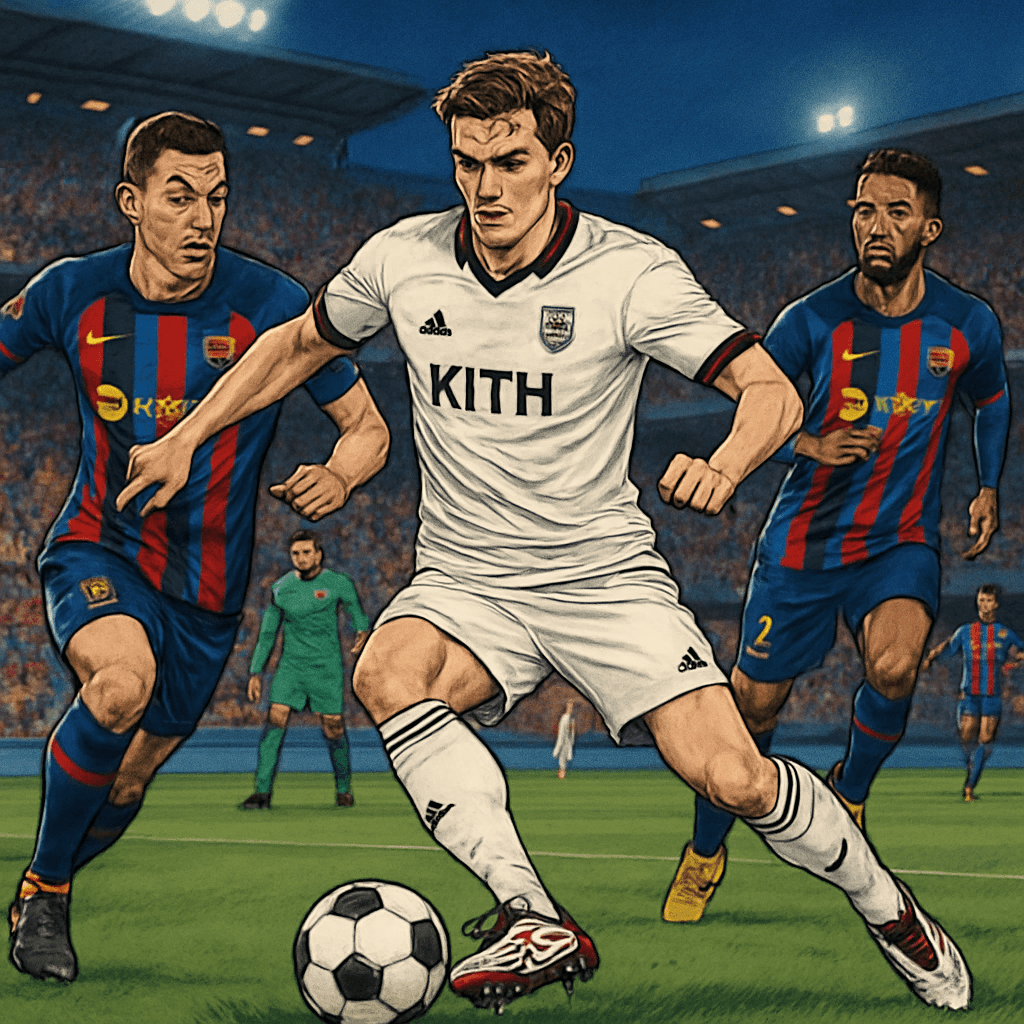 A vibrant scene at a football stadium showcasing players in Kith x Adidas gear, with the iconic F50 Spider boots prominently displayed. The atmosphere is electric, with fans in the stands wearing colo