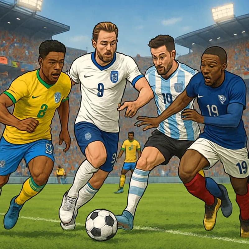 A vibrant soccer scene capturing the excitement of the 2026 World Cup, featuring players in the colors of their national teams, a packed stadium atmosphere, and fans cheering with flags. The pitch is 