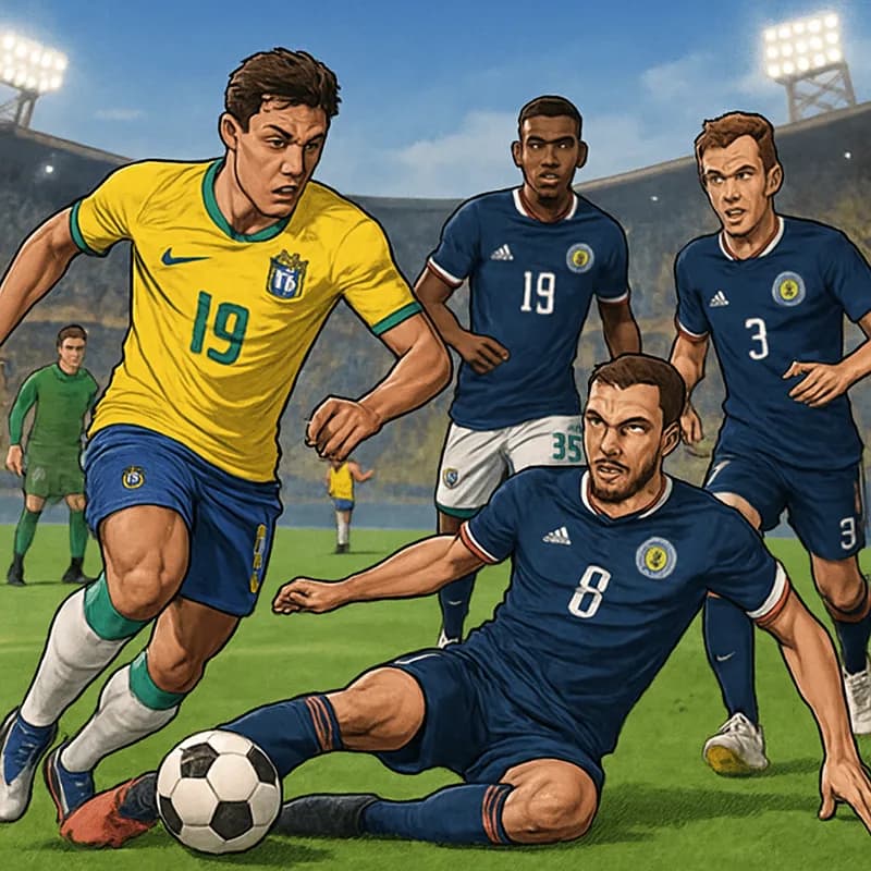 A vibrant scene at Miami Stadium, featuring the Brazilian team in their iconic yellow jerseys and Scotland in their navy blue kits, with fans cheering amidst a sunny backdrop and a green pitch.