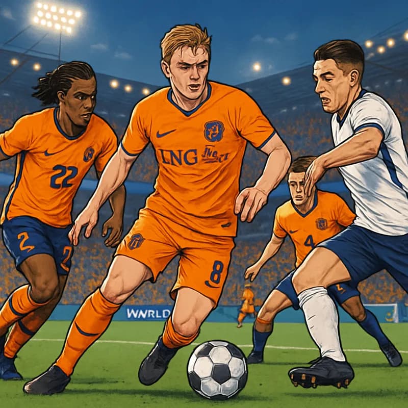 A vibrant stadium scene showcasing a match with players in orange jerseys representing the Netherlands, passionately engaging with fans in the stands, with a lush green pitch and the excitement of the