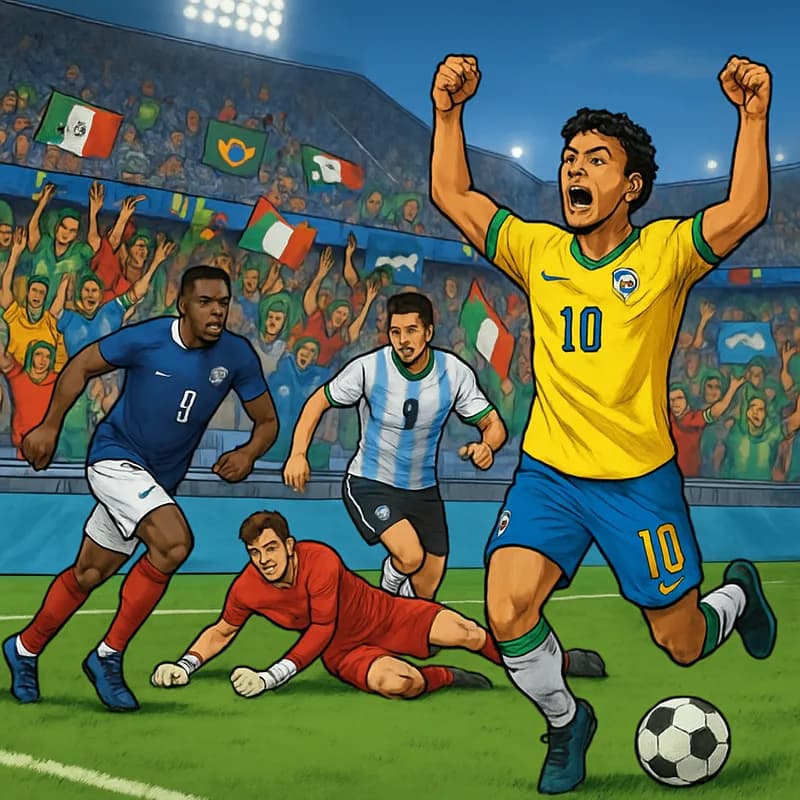 A vibrant soccer scene depicting a packed stadium during a World Cup match, with fans wearing jerseys of their national teams in bright colors, celebrating a goal. The atmosphere is electric, with fla