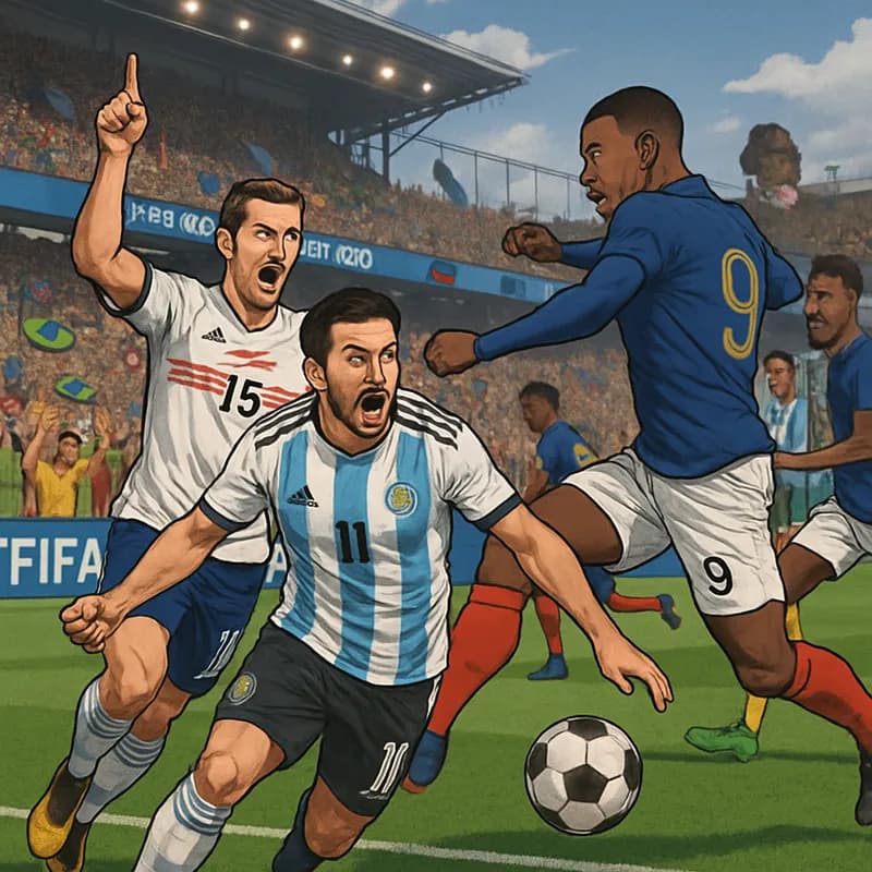 A vibrant scene at a packed stadium during the FIFA World Cup 2026, with fans wearing jerseys of their national teams in vibrant colors, celebrating a goal. The atmosphere is electric, with flags wavi
