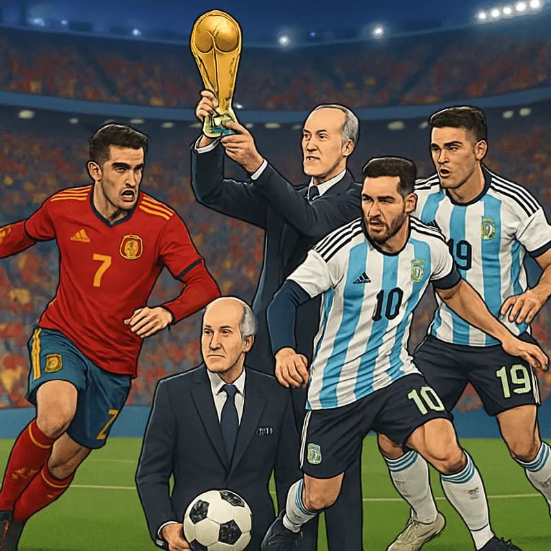 A vibrant scene at a packed stadium during the FIFA World Cup final, with fans in Spain's red and yellow jerseys and Argentina's sky blue and white kits, celebrating a thrilling match atmosphere. The 