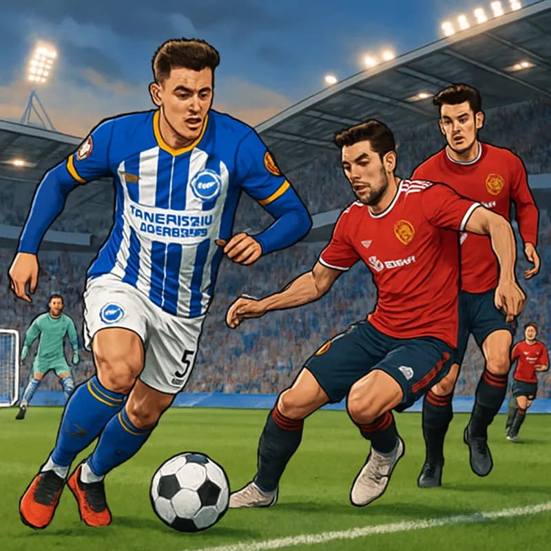 A vibrant scene at Brighton's Amex Stadium during a Premier League match, with fans in blue and white jerseys cheering passionately. The atmosphere is electric, capturing the excitement of the final d