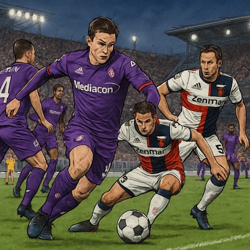 A tense moment during a Fiorentina match at the Artemio Franchi Stadium, with players in their purple kits battling for possession against Genoa in a packed stadium, fans cheering passionately.