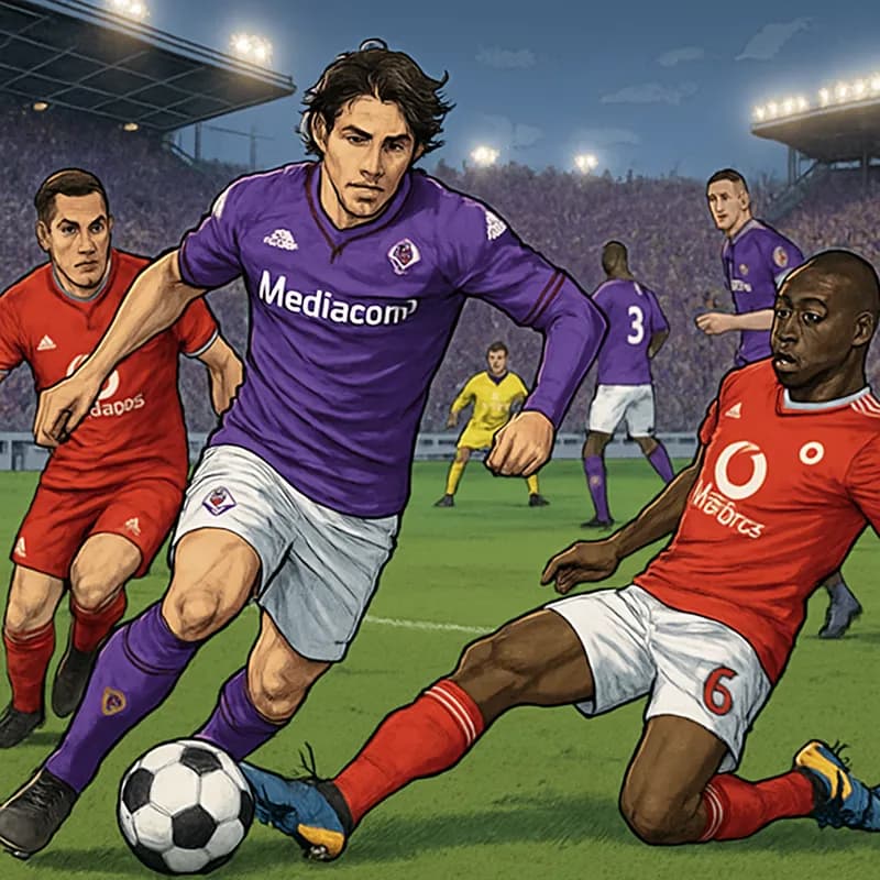 A vibrant scene at Fiorentina's Stadio Artemio Franchi during a match, with fans in purple jerseys passionately cheering. The green pitch is marked with tactical formations, and players are seen in ac