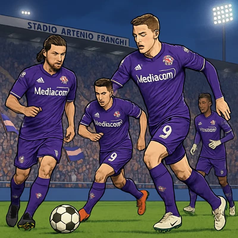 A vibrant scene at Stadio Artemio Franchi, with Fiorentina players in their iconic purple jerseys warming up on the pitch. Fans in the stands are waving flags, creating an electrifying atmosphere, whi