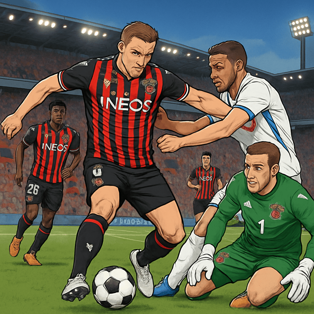 A vibrant scene at a packed Allianz Riviera stadium during a match, with OGC Nice in their red and black striped jerseys. The atmosphere is electric, with fans waving flags and banners, as players eng