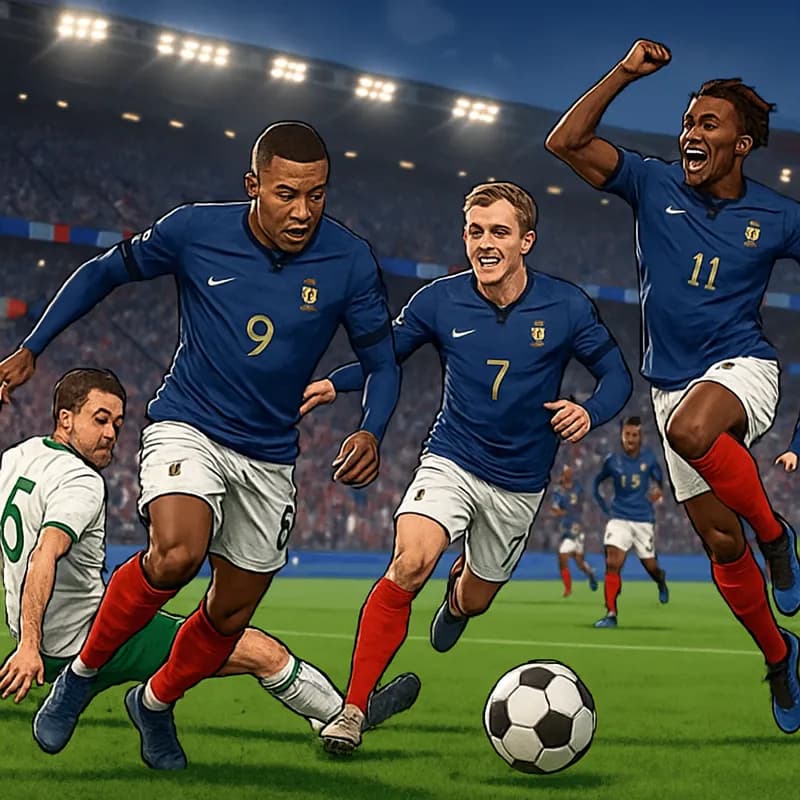 A vibrant scene at a packed stadium in New York, with fans wearing the blue and white kit of France celebrating a goal. The atmosphere is electric, with flags waving and a round soccer ball in focus o