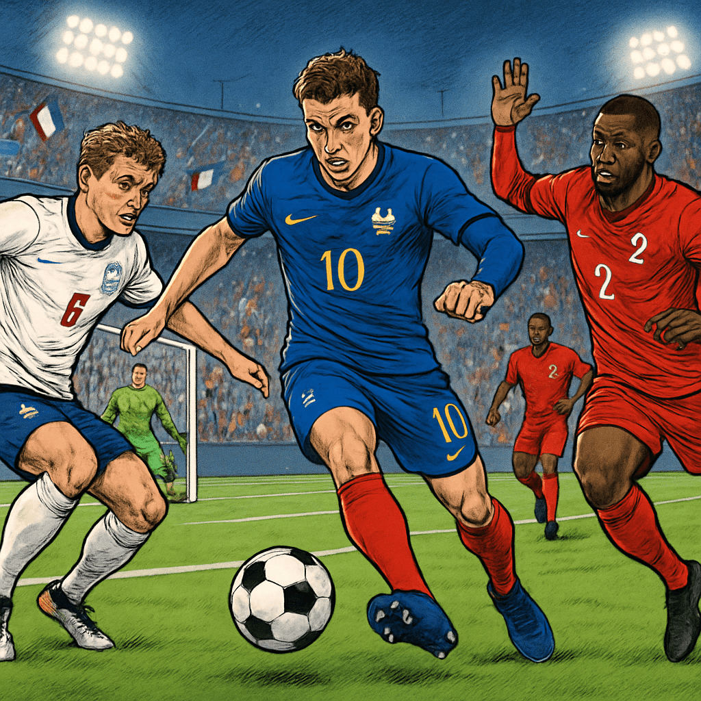 A vibrant scene at a packed stadium with fans wearing blue and red jerseys, celebrating a French goal. The pitch is bright green, and the atmosphere is electric with flags waving and a soccer ball in 