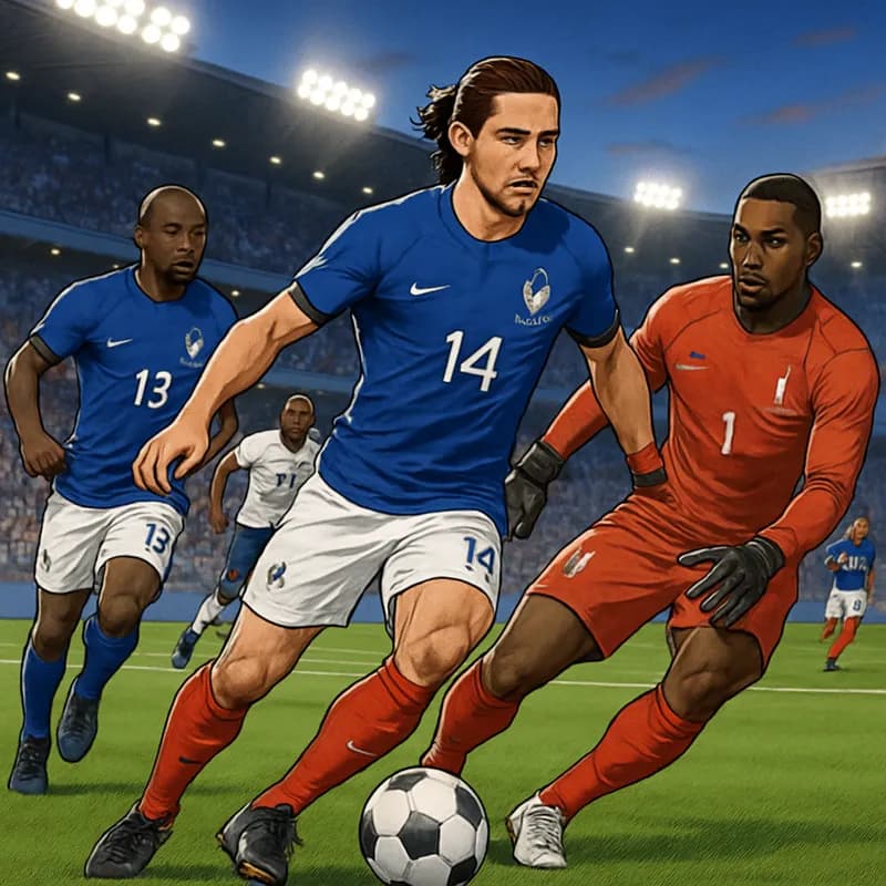 A vibrant scene at a stadium filled with cheering fans, wearing blue jerseys representing the France national team. The pitch is lush and green, with players warming up, showcasing the excitement of t