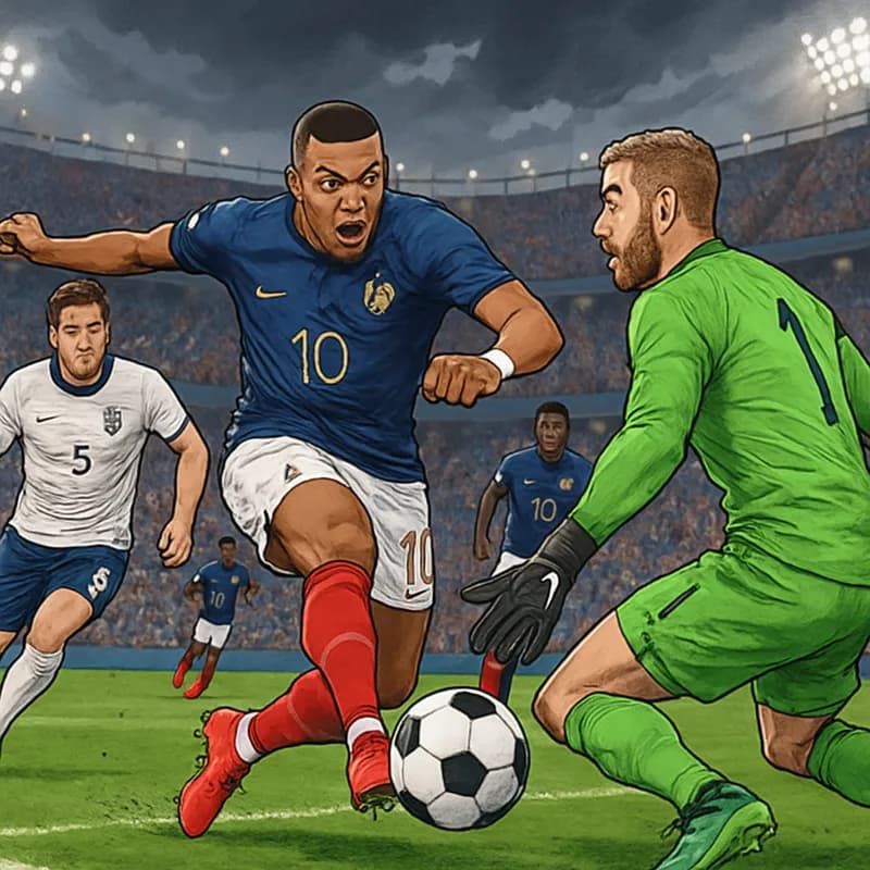 A vibrant scene at a packed stadium with French fans in blue jerseys celebrating as Kylian Mbappe scores, with dark storm clouds overhead and a green pitch in view.