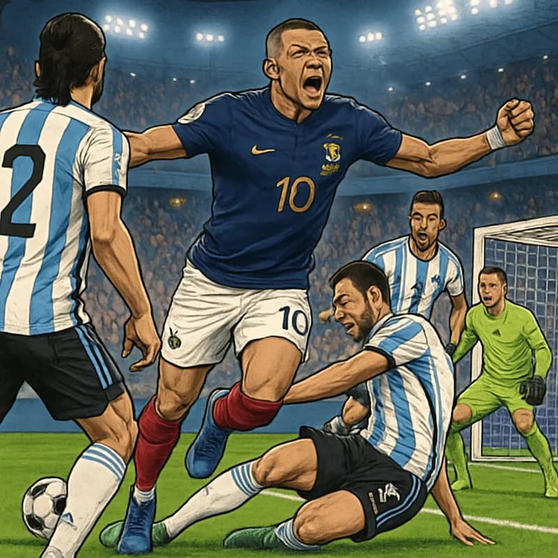 A vibrant scene at the stadium with fans in blue and white jerseys, cheering for France as Kylian Mbappe celebrates his goal. The green pitch is lively, with the ball near the goal, and a tense atmosp