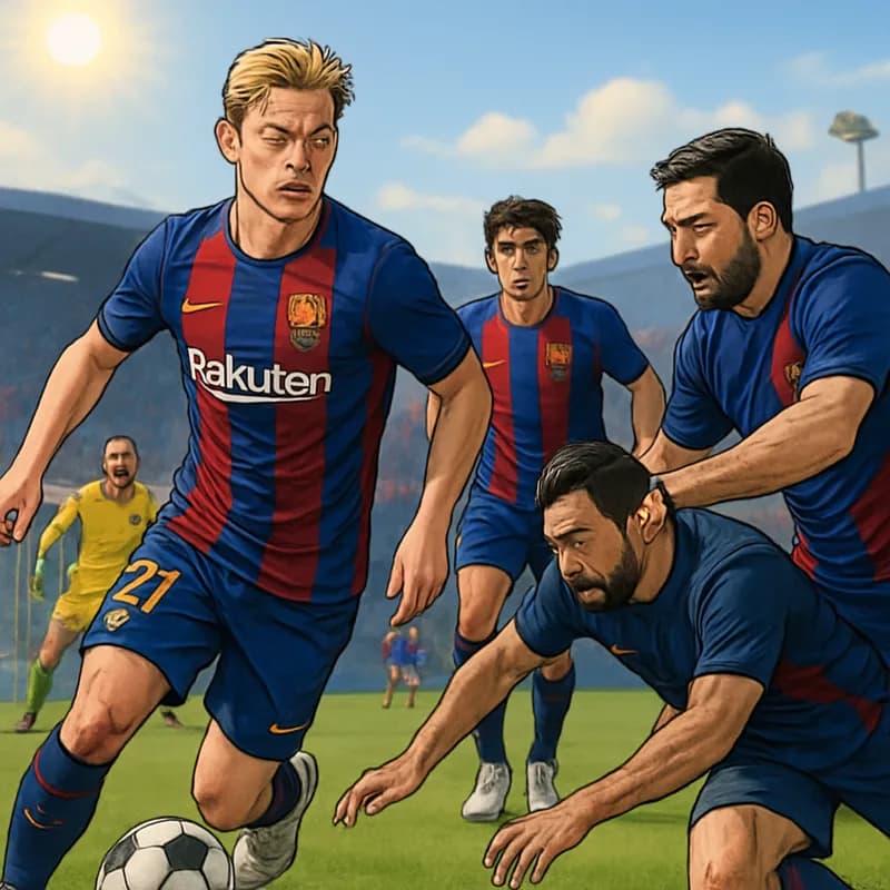 A vibrant scene at Barcelona's training ground, featuring Frenkie de Jong in the iconic blaugrana jersey, surrounded by teammates. The sun shines brightly over the lush green pitch, capturing the esse