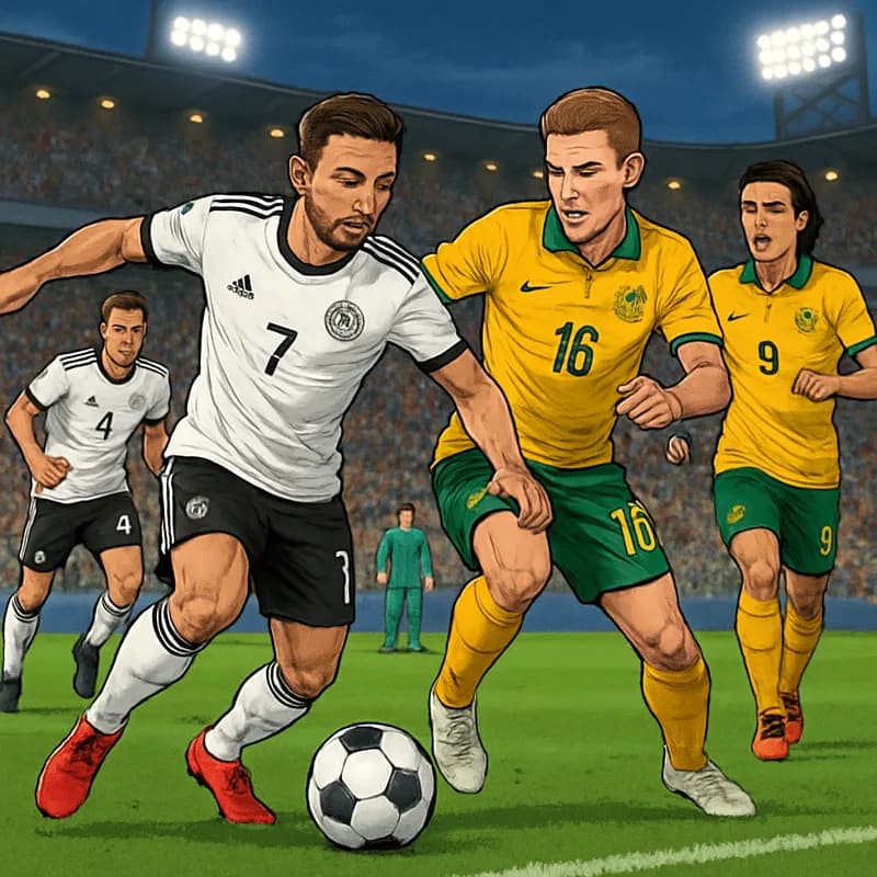 A vibrant soccer scene at a packed stadium with fans wearing Germany's white and black jerseys and Australia's yellow and green kits. The atmosphere is electric, with a football on a lush green pitch 
