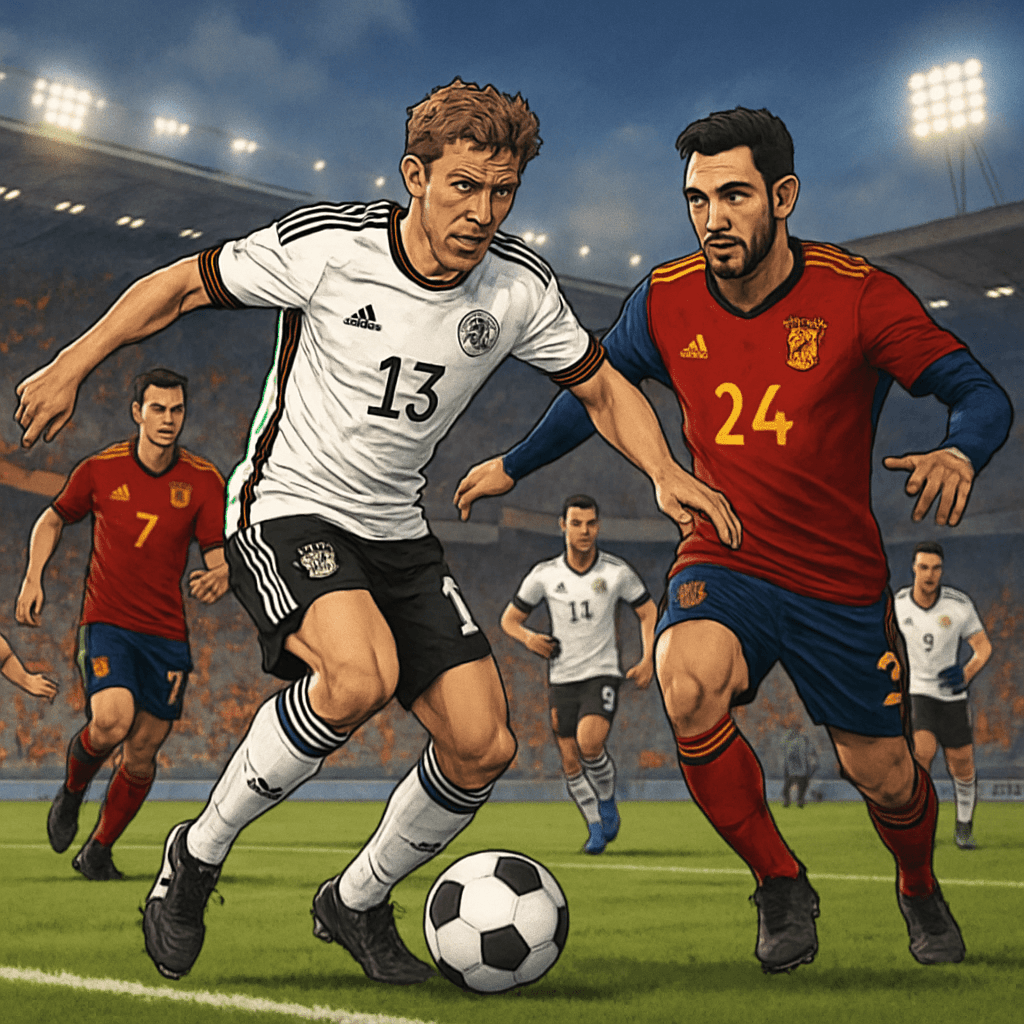 A vibrant scene at a packed stadium, showcasing Germany's white home kit with black stripes and red accents, alongside Spain's deep red jersey with navy sleeves, as fans wave flags and cheer passionat