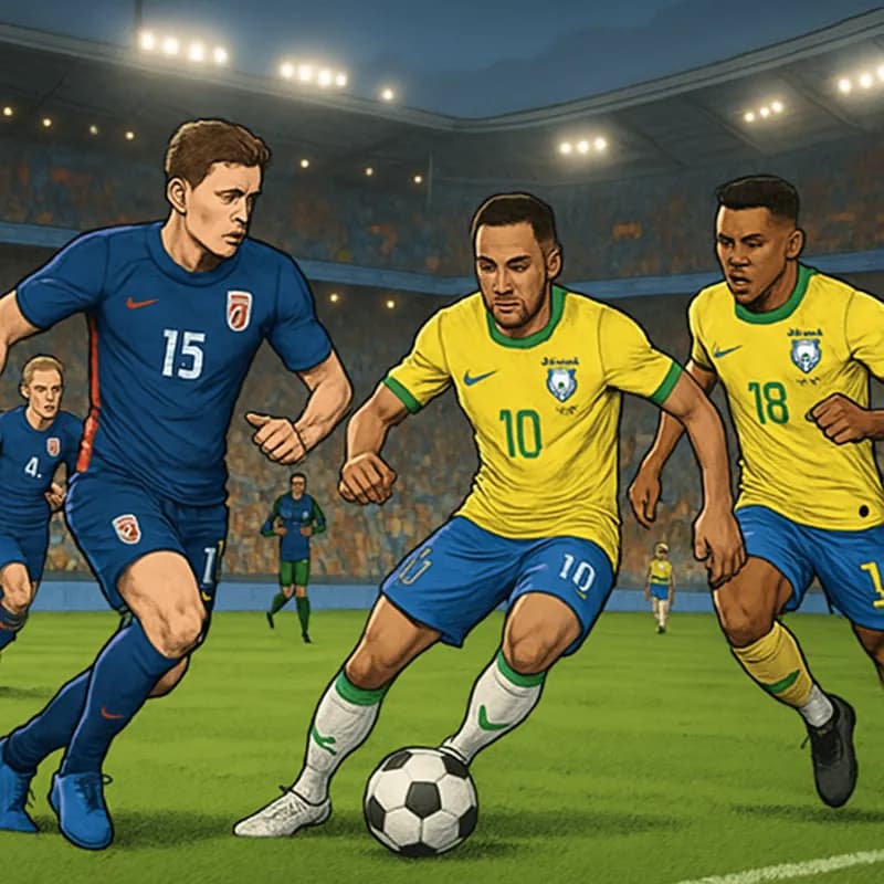 A vibrant scene at a packed stadium, showcasing Norway in their blue and red kits facing Brazil in their iconic yellow and green jerseys. The atmosphere is electric, with fans waving flags and cheerin